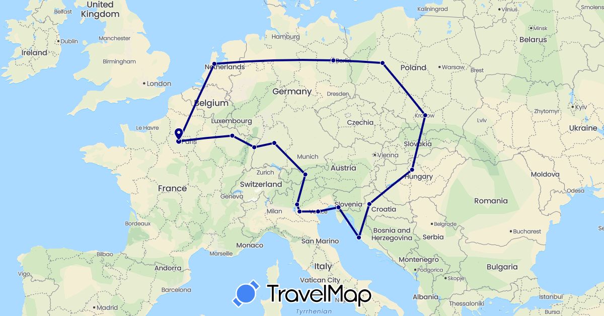 TravelMap itinerary: driving in Austria, Germany, France, Croatia, Hungary, Italy, Netherlands, Poland (Europe)